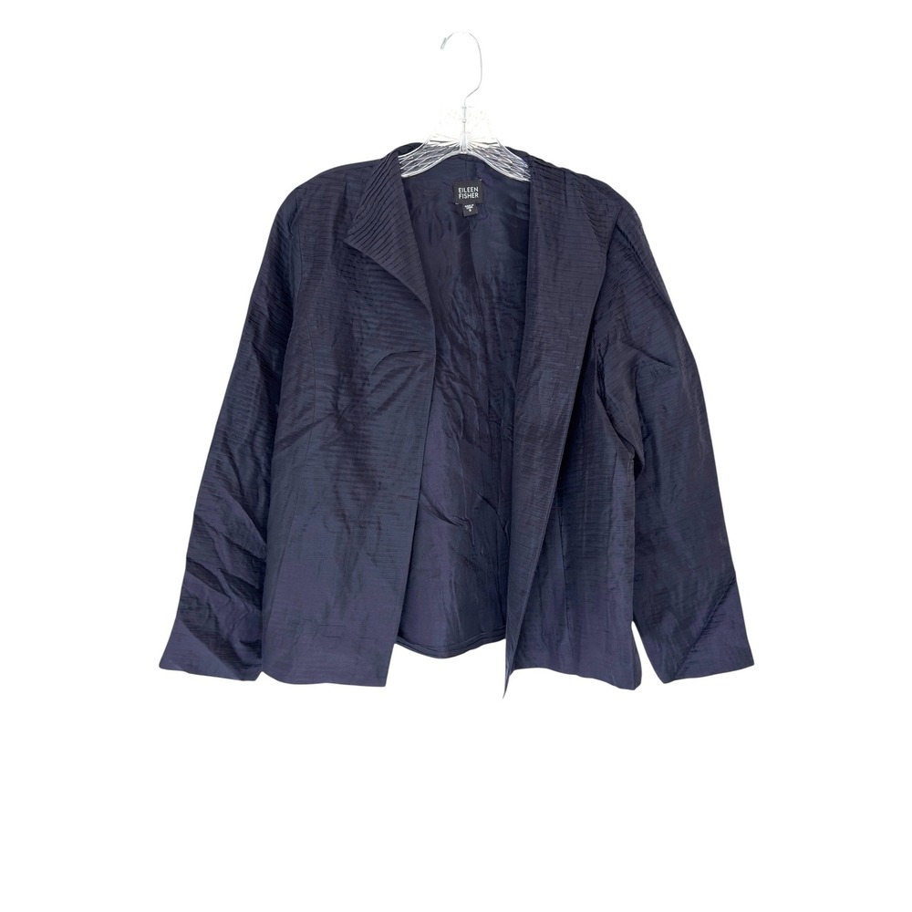 Eileen Fisher Blazer Black Textured Silk Open Front Work Event Evening Small